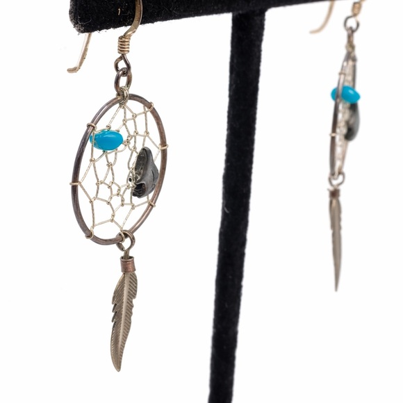 Sterling Silver Dreamcatcher Earrings | Turquoise Feather Boho - Picture 2 of 4